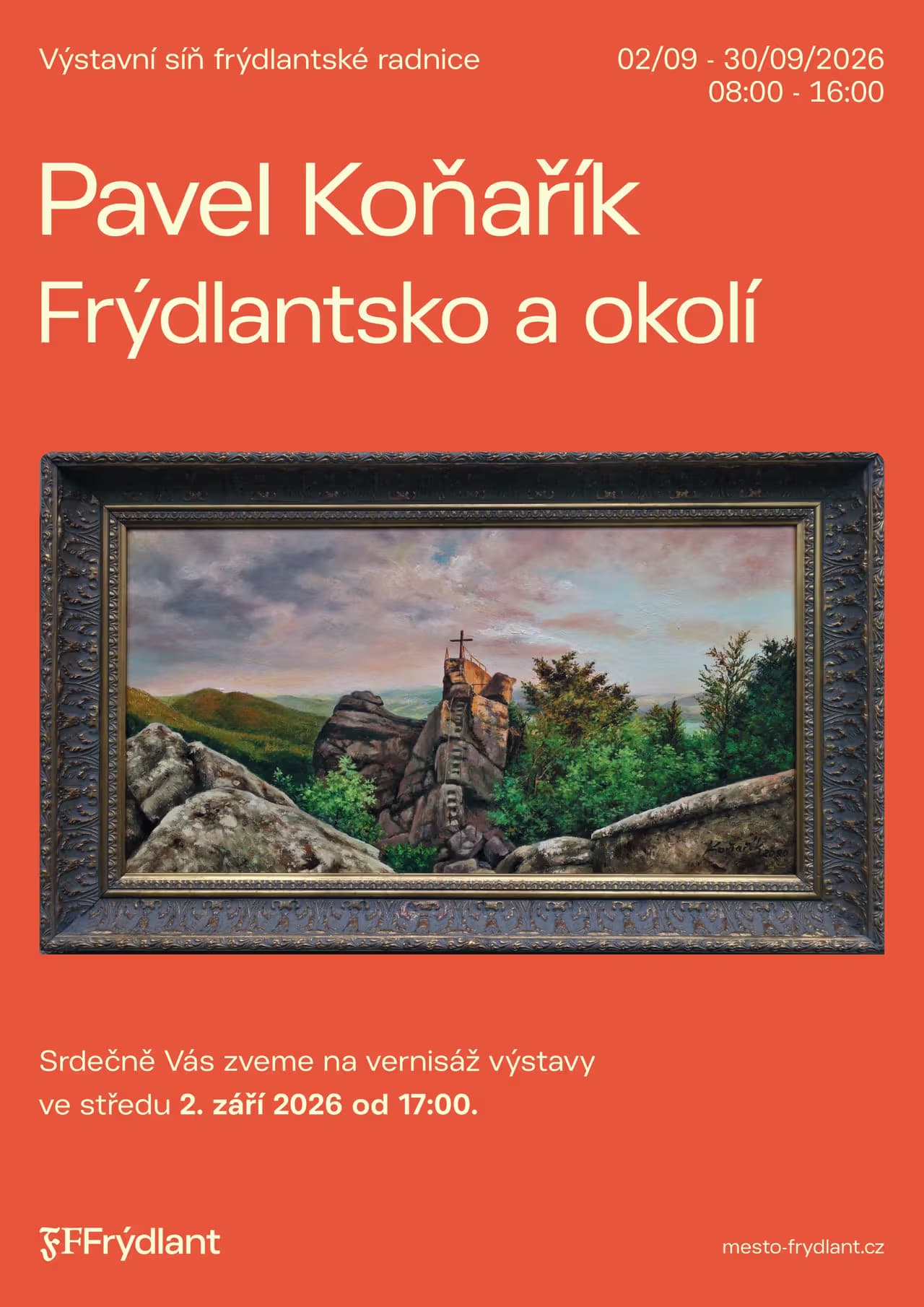 Exhibition poster featuring a landscape painting framed in an ornate dark frame on orange background.