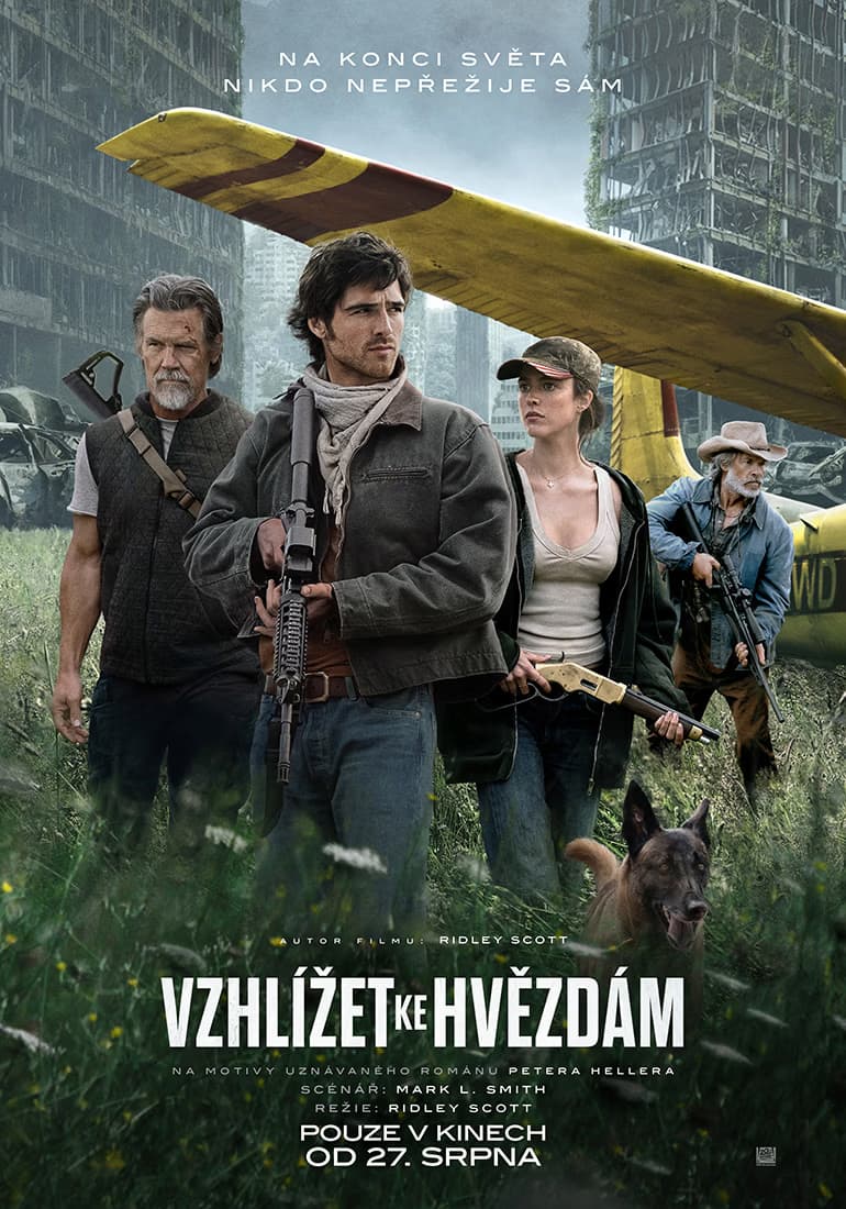 Armed survivors with a dog stand near a crashed airplane in a post-apocalyptic city.