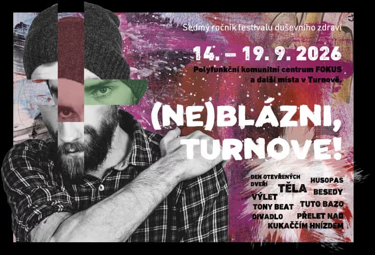 Plakat promujący festiwal zdrowia psychicznego w Turnovie w 2026 roku ze stylizowanym portretem.