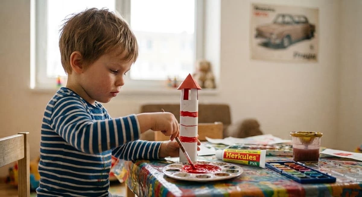 Mały chłopiec w paski maluje papierową latarnię morską przy stole z przyborami plastycznymi.