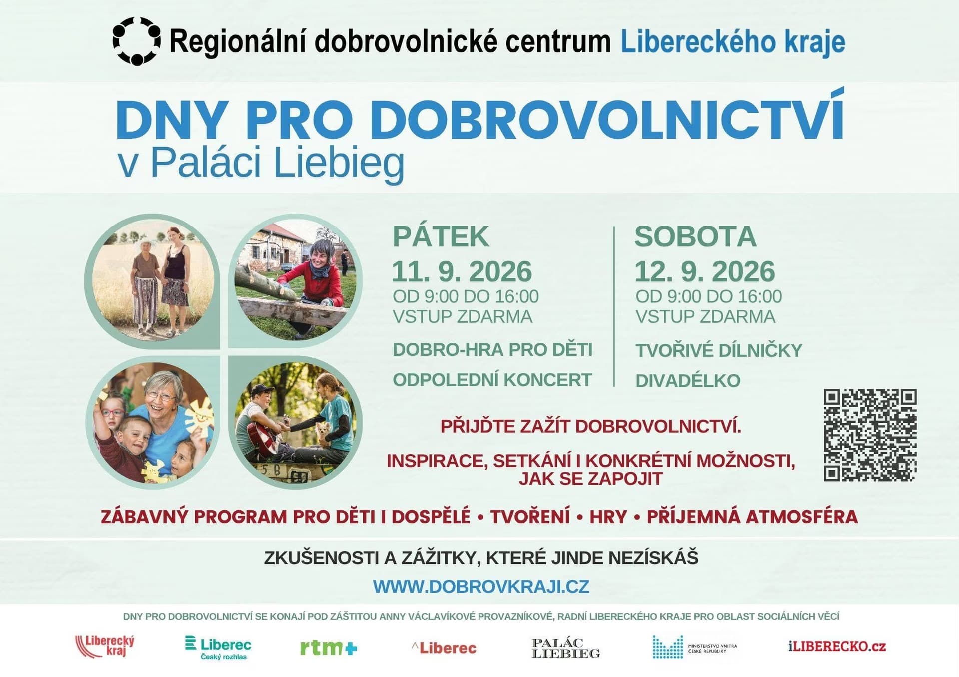 Plakat wydarzenia Dni Wolontariatu w Libercu z programem, datami i zdjęciami wolontariuszy.