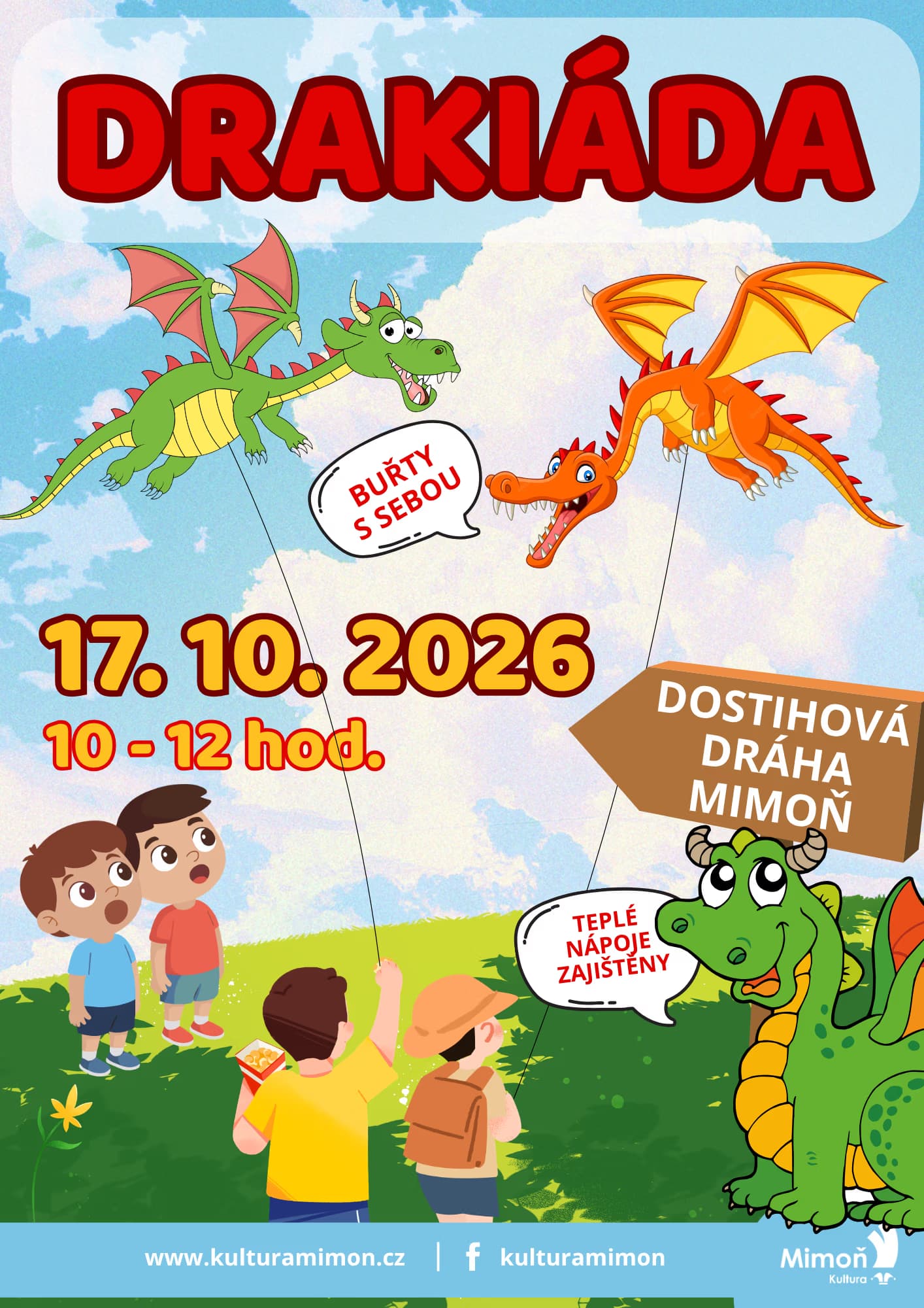 Cartoon poster for a kite flying event featuring dragons, children, and a wooden direction sign.