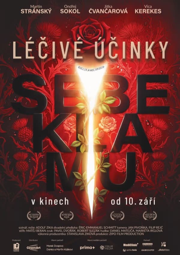 Filmový plakát k filmu Léčivé účinky sebeklamu s motivem červené růže v záři světla.