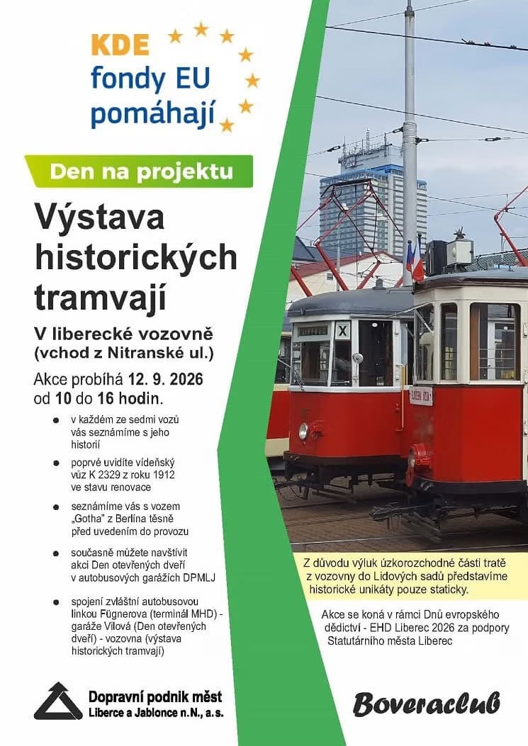 Historical red and white trams parked at a depot on an event poster with Czech text.