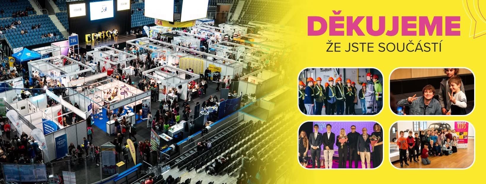 Overhead view of a crowded trade fair with a yellow sidebar showing event photos and thank you text.