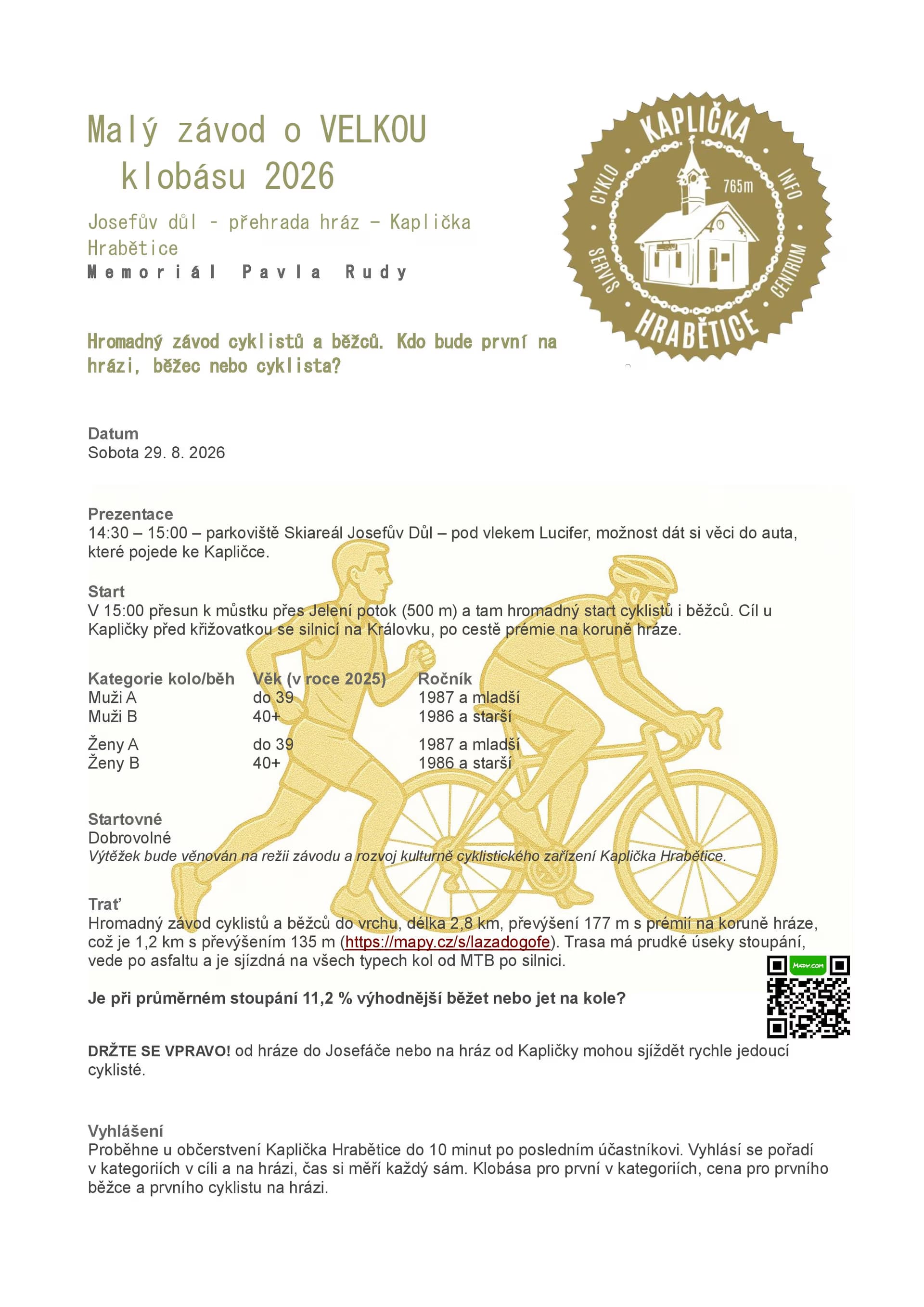 Information poster for the 2026 small race for the big sausage in Hrabětice.