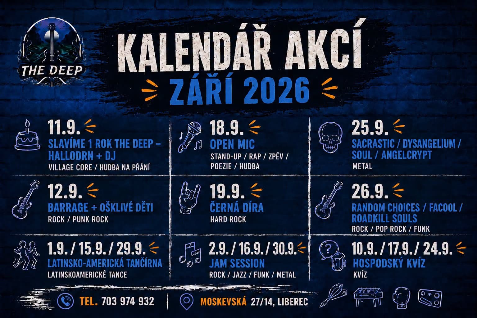 A schedule poster for The Deep club in Liberec listing various music events for September 2026.