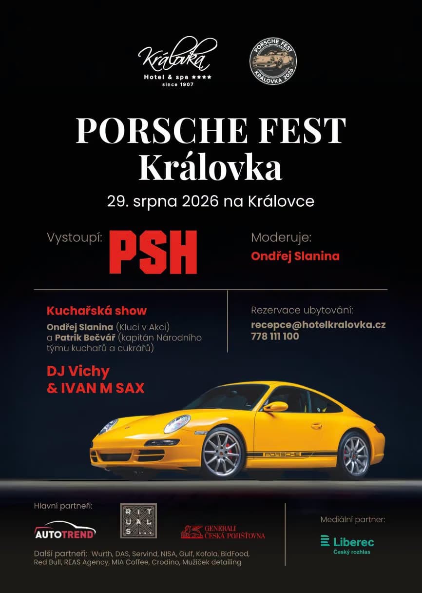 A black poster for Porsche Fest Královka on August 29, 2026, featuring a bright yellow Porsche sports car.