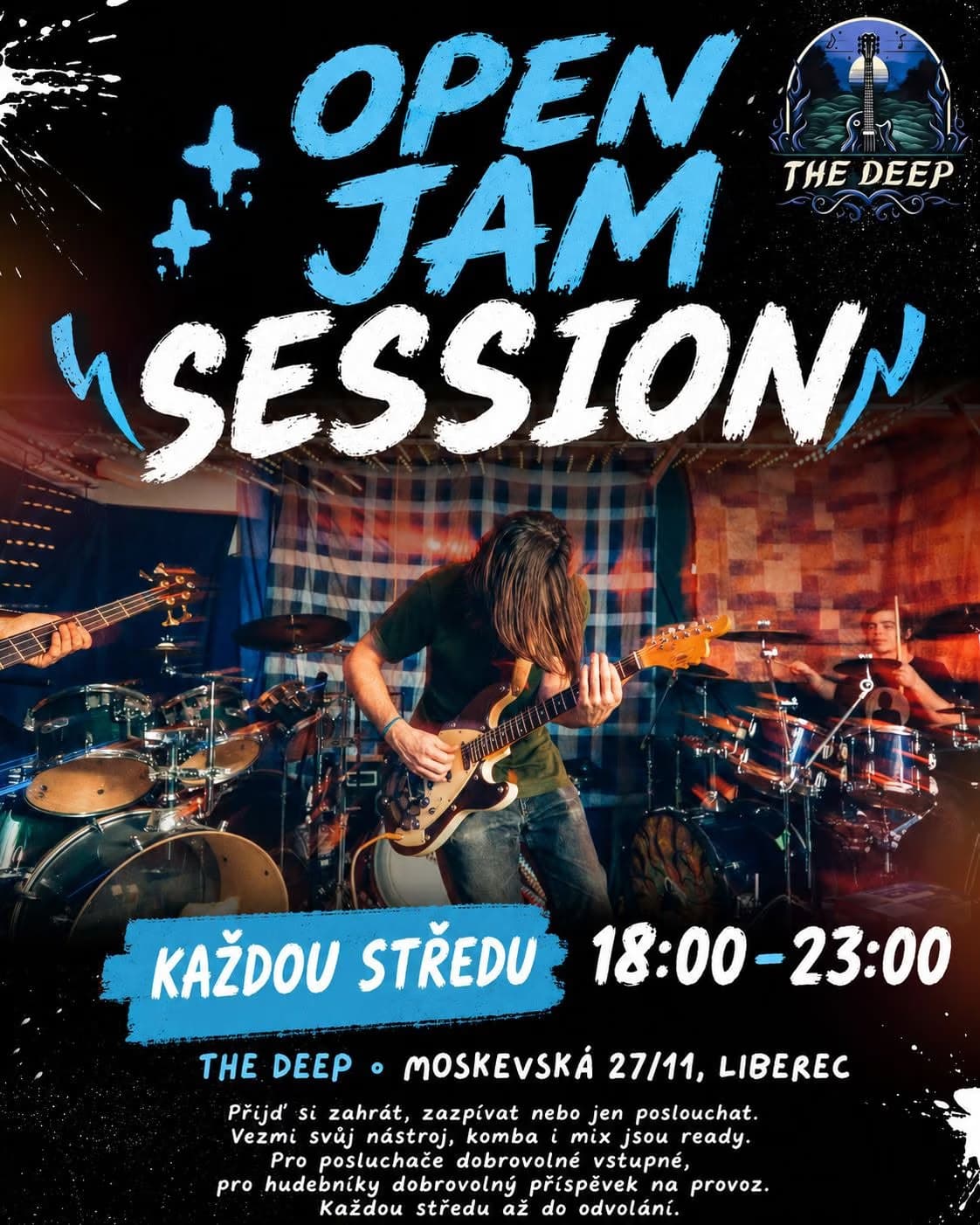 A band performs in a dark venue on this promotional poster for a weekly open jam session.