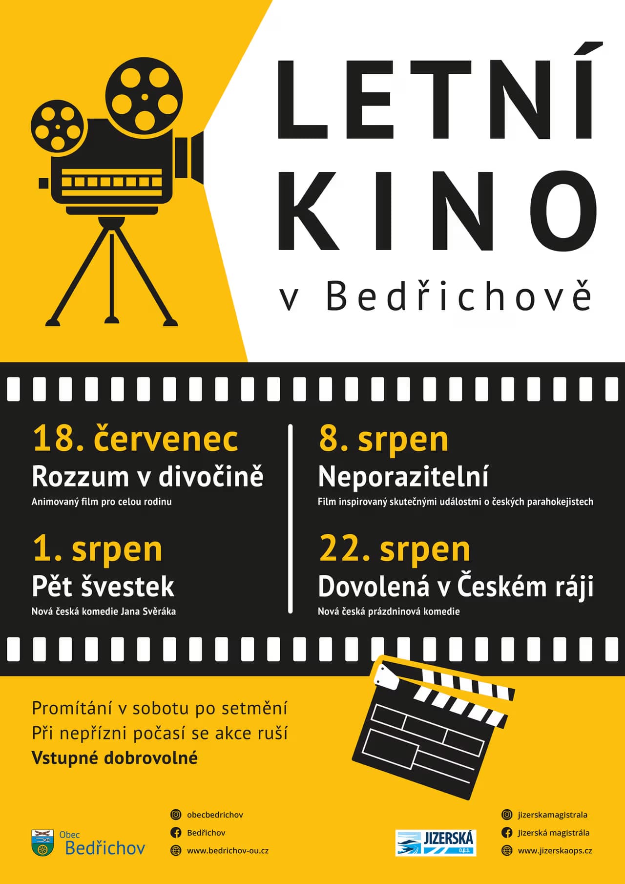 Graphic poster for a summer cinema in Bedřichov with film screening dates and titles.