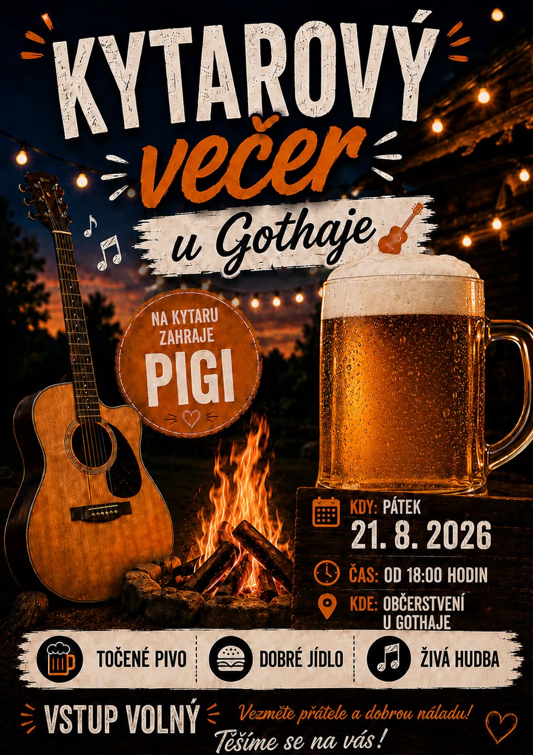 An acoustic guitar, a beer mug, and a campfire set against a dark background with string lights.