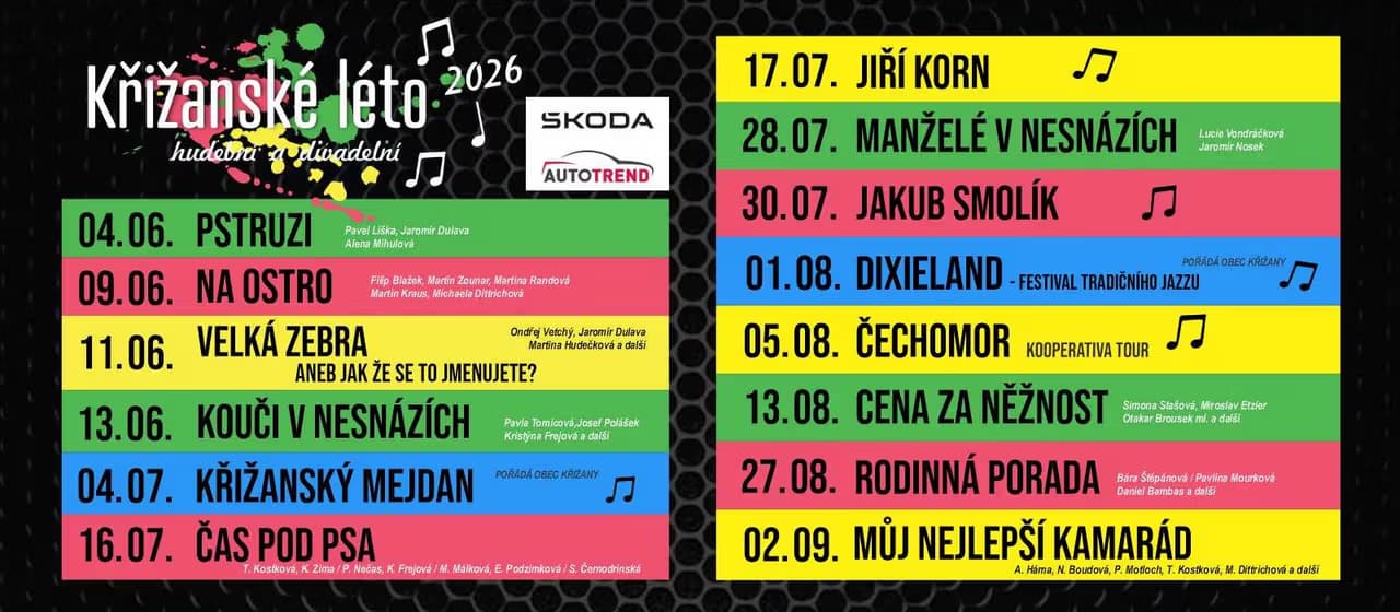A colourful event poster listing summer 2026 performances with dates and artist names.