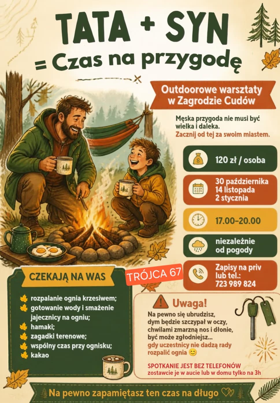 Otec se synem sedí u táboráku v lese, kolem je text o venkovních dílnách a aktivitách pro rodiny.