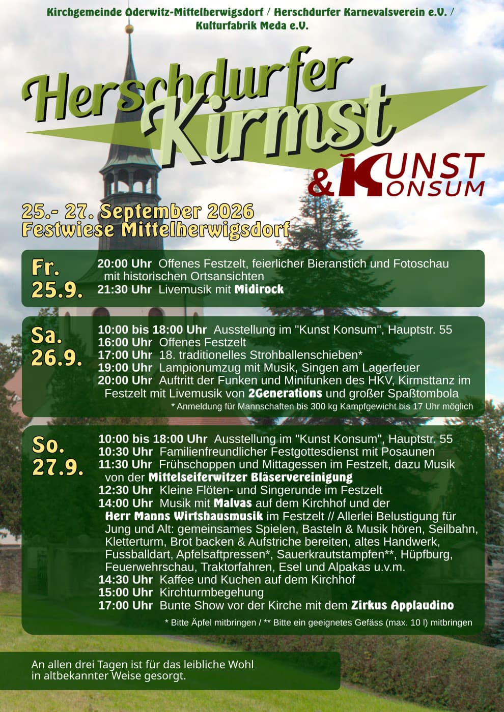 A promotional poster for a village fair in Mittelherwigsdorf featuring a church tower in the background.