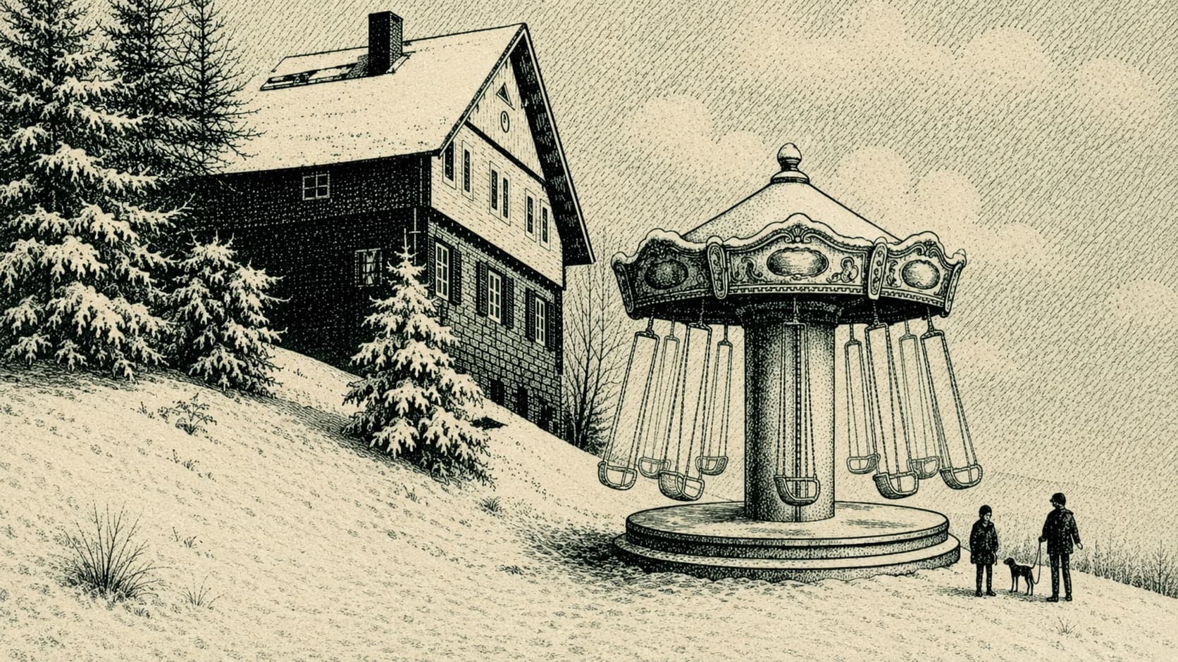 A snowy winter scene features a rustic chalet near a vintage carousel with figures standing nearby.