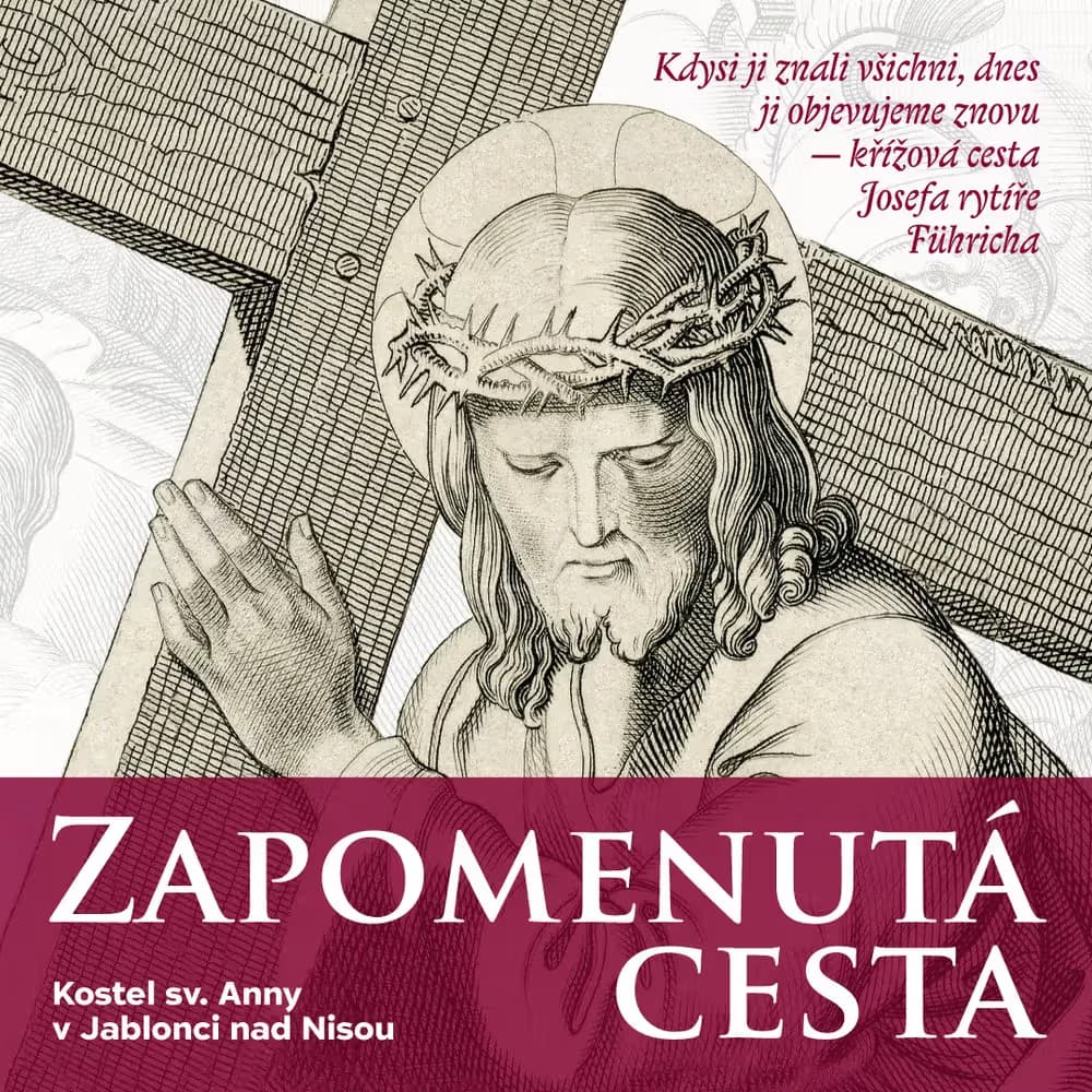Classic etching of Jesus carrying a cross with Czech text overlay.