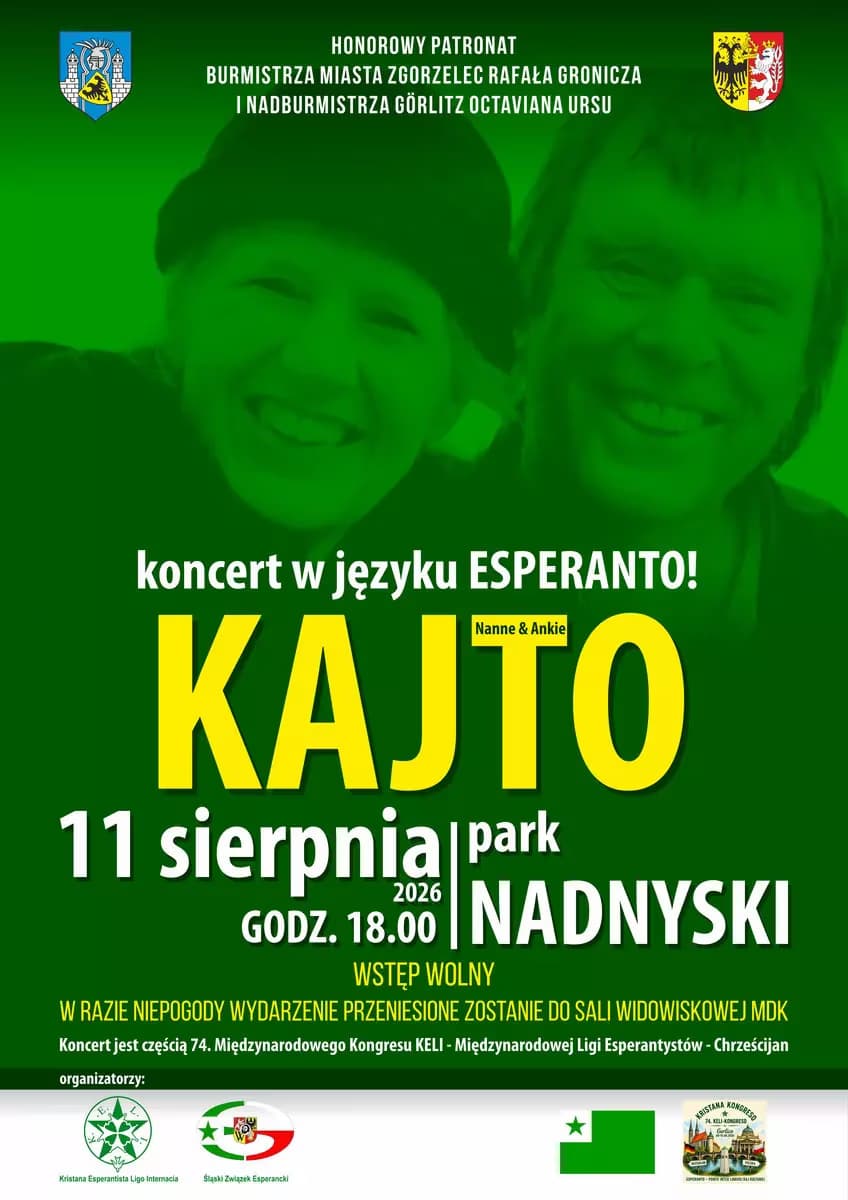 Green event poster for a concert in Esperanto by the duo Kajto in Zgorzelec.