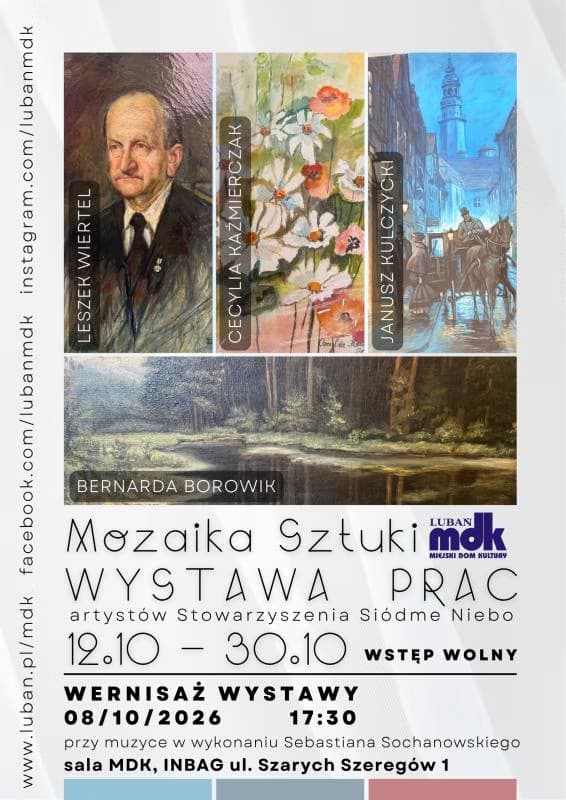 Plakát s koláží maleb od čtyř různých umělců na výstavu výtvarného umění.