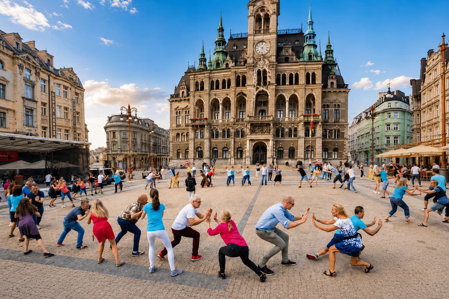 People perform a group exercise dance in a town square before an ornate historic building.