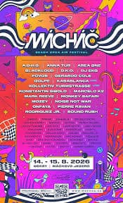 Psychedelic poster for Mácháč music festival listing artist names and dates at Máchovo jezero.