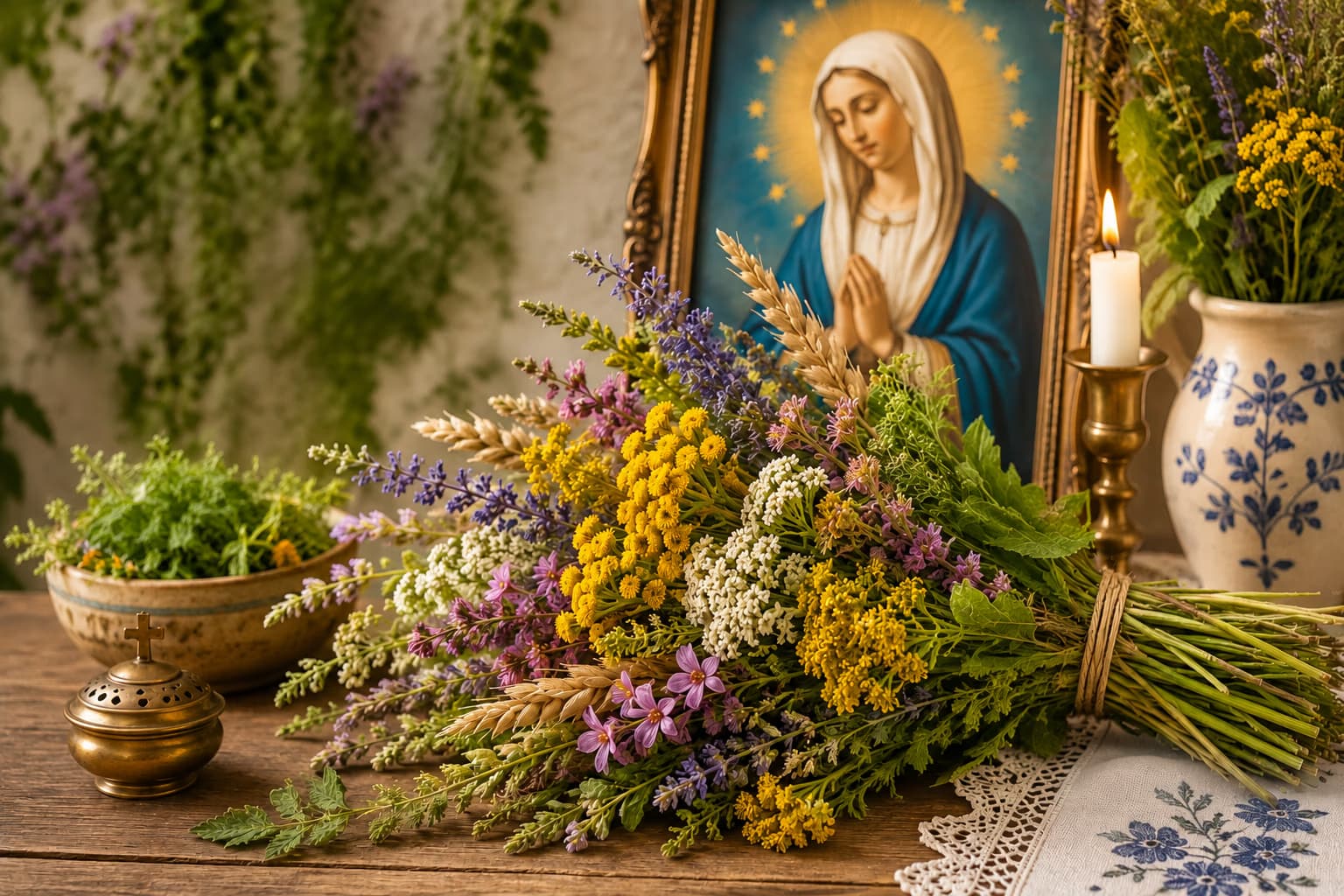 A bouquet of wild flowers and herbs lies on a table near a painting of the Virgin Mary.