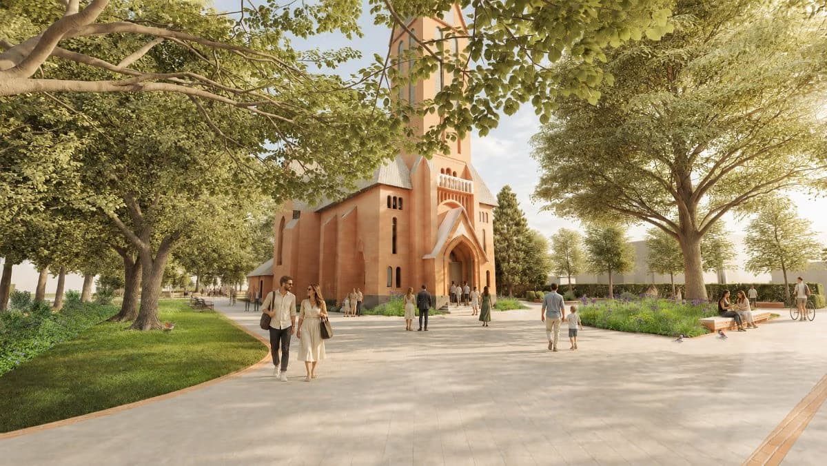 Architektonická vizualizace cihlového kostela obklopeného stromy a lidmi procházejícími se po cestě.