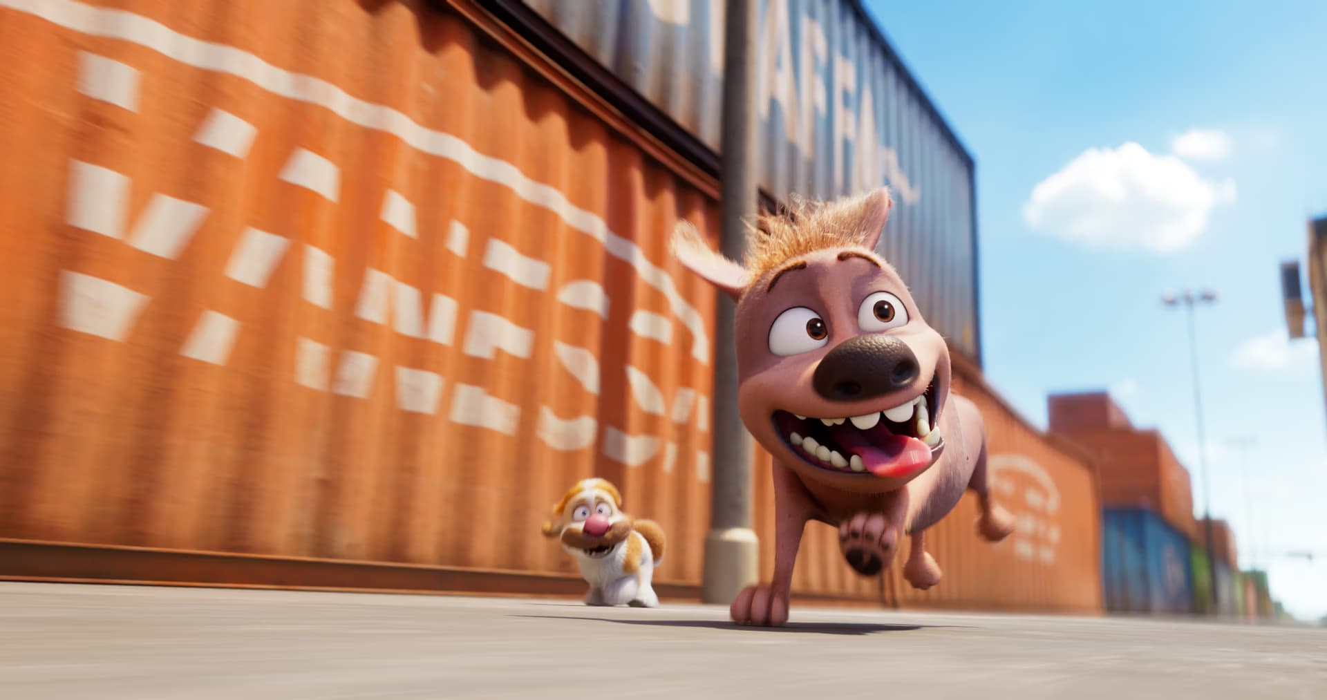 Animated dog running energetically past orange shipping containers with a smaller dog following behind.