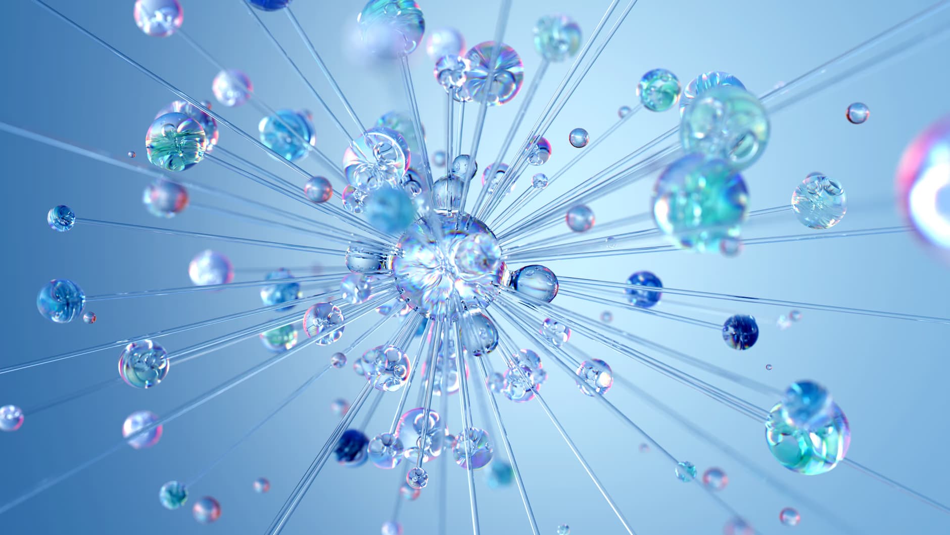 Abstract digital rendering of translucent spheres connected by thin lines against a soft blue background.