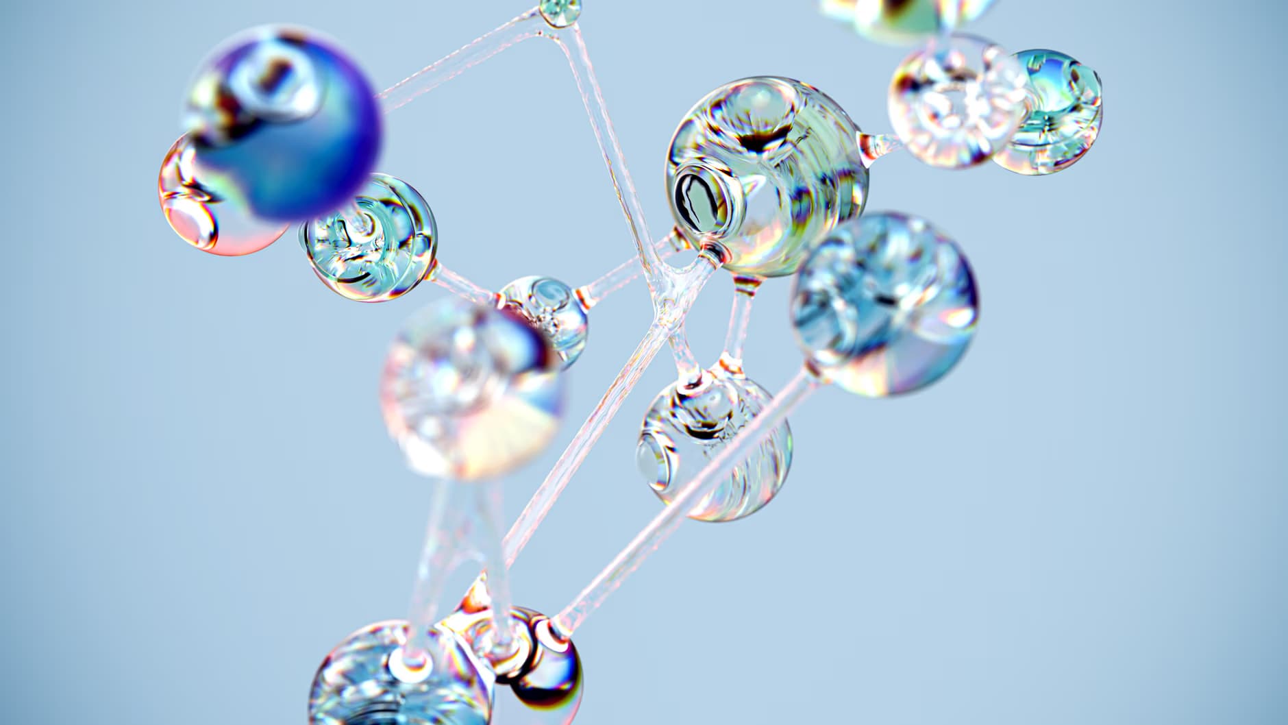 Abstract 3D rendering of interconnected glowing molecular spheres on a light blue background.