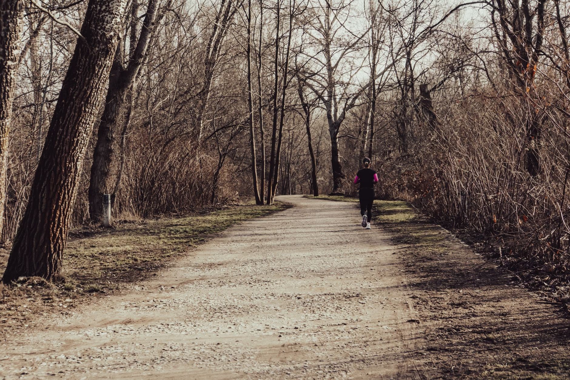 Eine einzelne Person joggt auf einem Kiesweg durch einen ruhigen, waldigen Pfad.