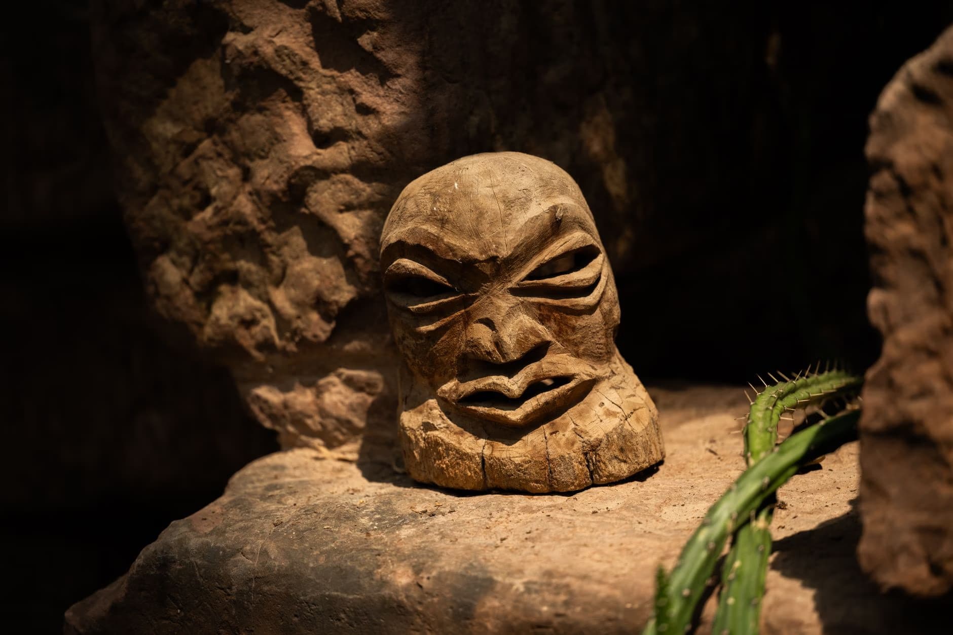 A hand-carved wooden face sits on a rock among surrounding stones and cactus.