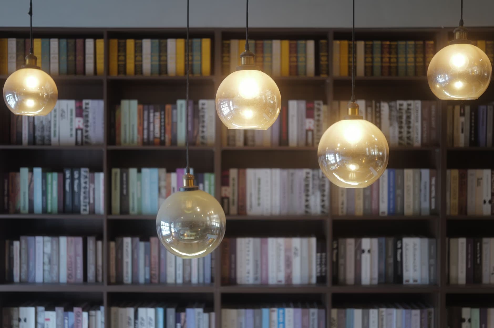 Kilka świecących szklanych lamp wiszących wisi przed ciemnym regałem pełnym książek.