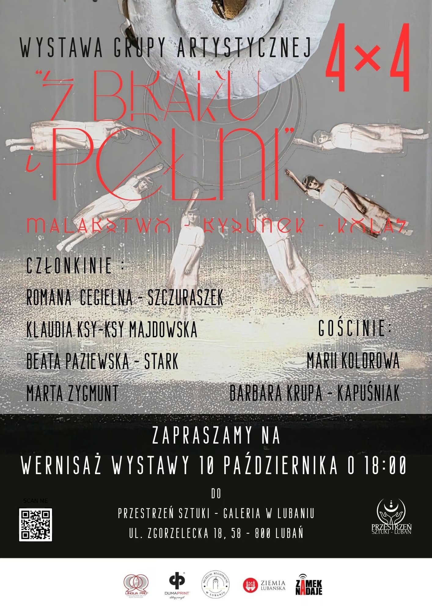 Plakát na výstavu umění zobrazuje surrealistické postavy vznášející se nad šedým pozadím s polským textem.