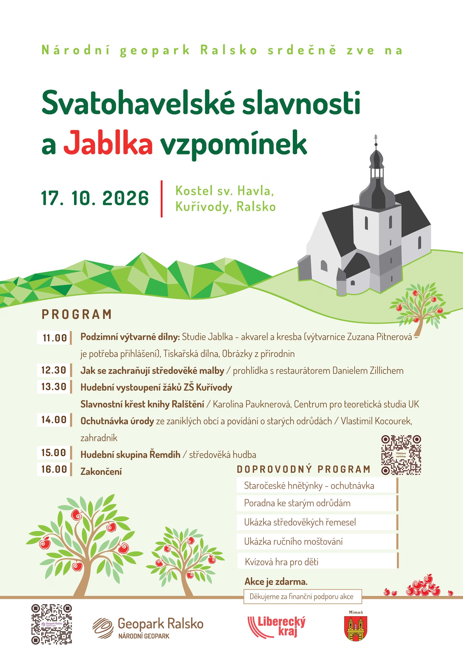 Ein Plakat für das St.-Gallus-Fest und Äpfel der Erinnerung in Ralsko mit Programmdetails.