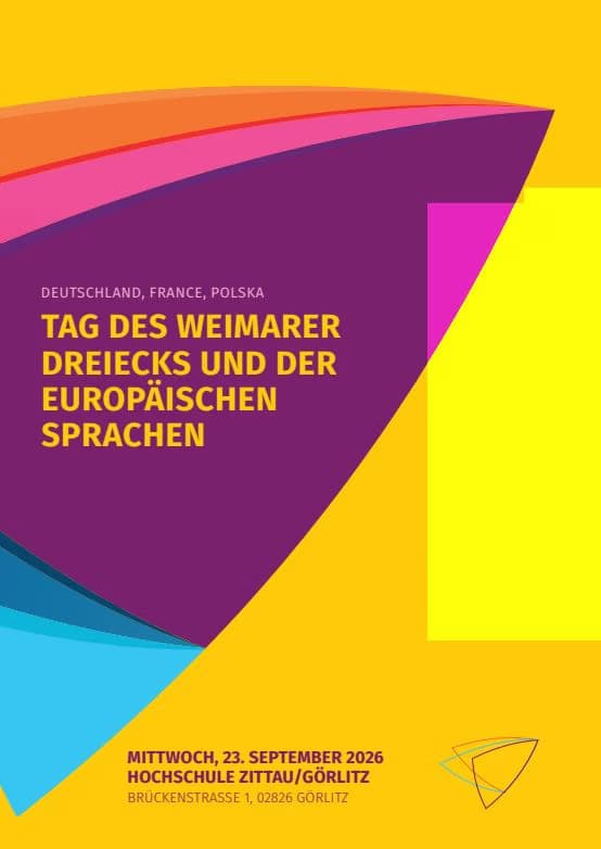 Żółty plakat zapowiada Dzień Trójkąta Weimarskiego i Języków Europejskich na uczelni w Zittau/Görlitz.
