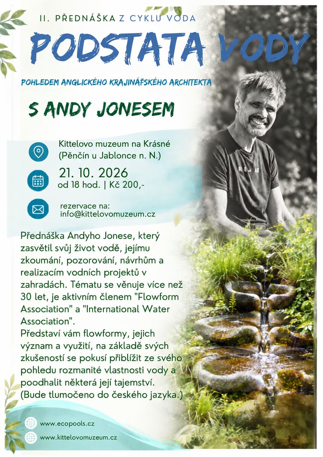 Plakat zapraszający na wykład o wodzie z architektem krajobrazu Andym Jonesem w muzeum Kittla.