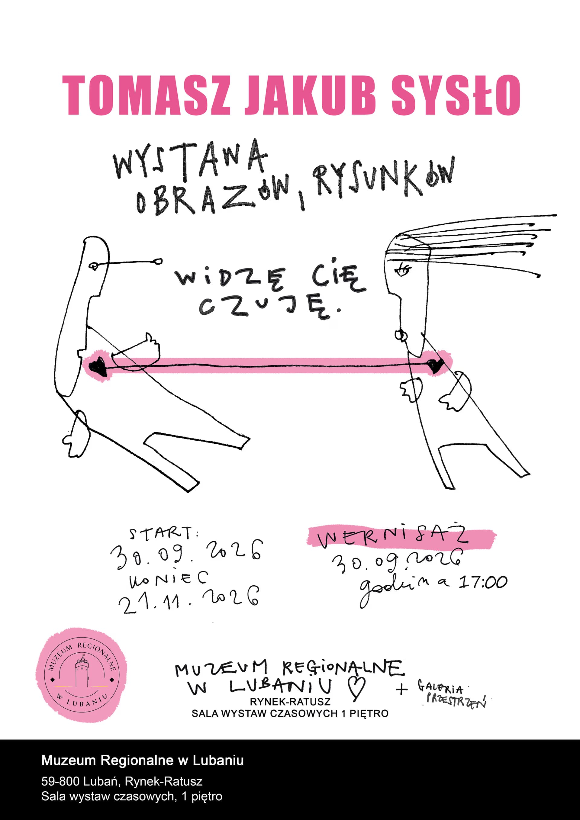 Minimalist sketch of two figures connected by a pink line, announcing an exhibition by Tomasz Jakub Sysło.
