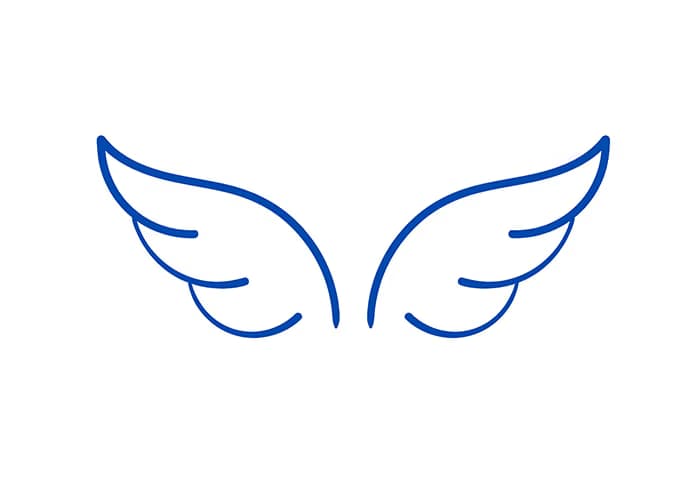 Simple blue outline drawing of a pair of angel wings against a plain white background.