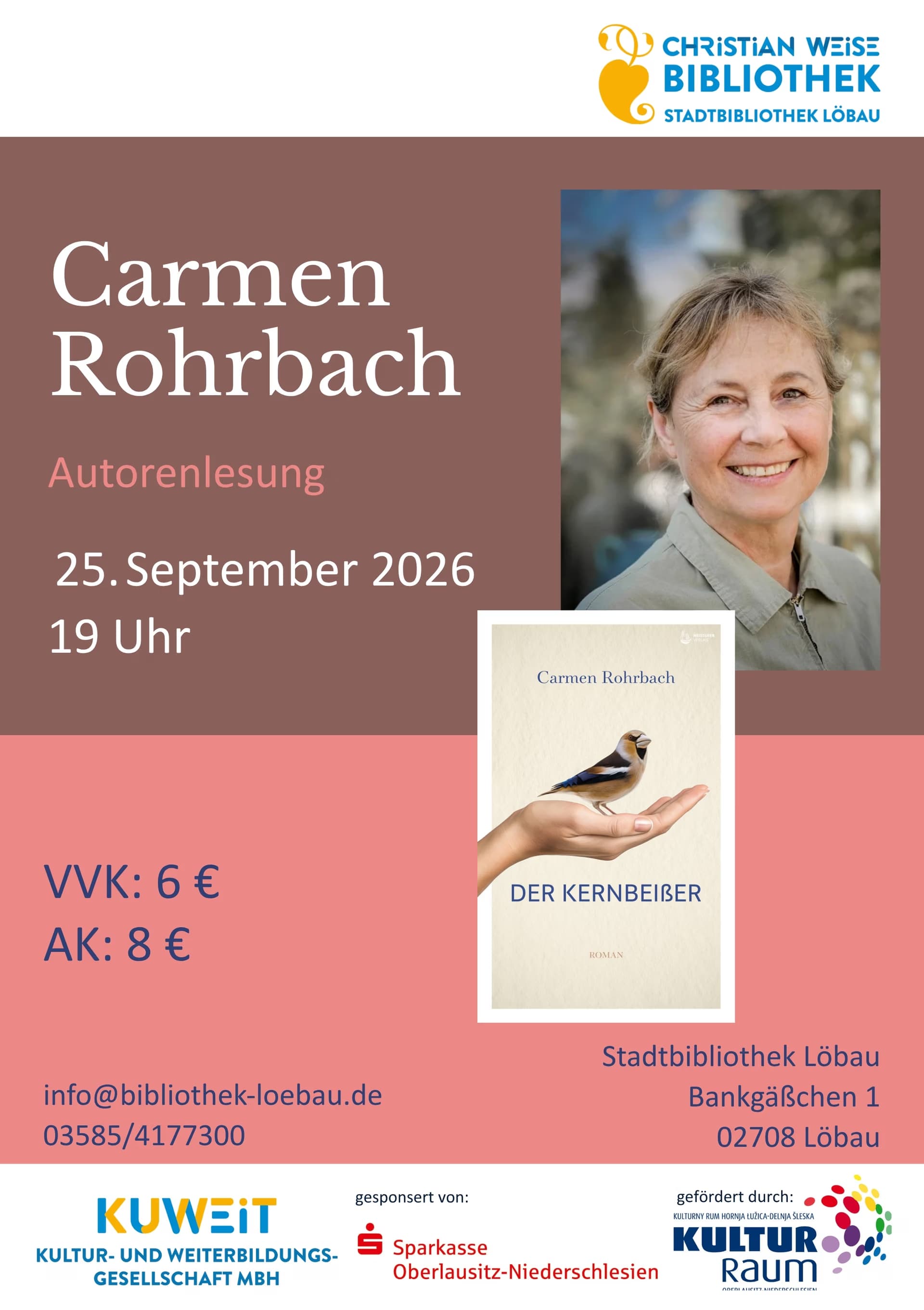 Event poster for a Carmen Rohrbach reading at Christian Weise Library, showing her portrait and book cover.