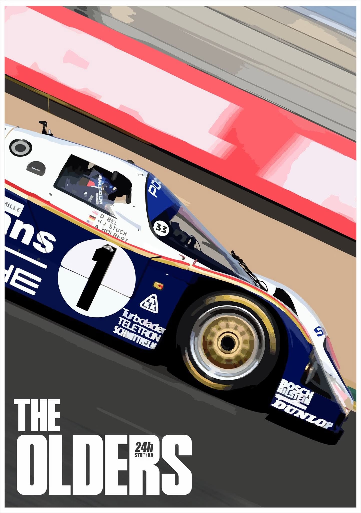 Digitální ilustrace závodního vozu Porsche na trati s textem The Olders 24h ve spodní části.
