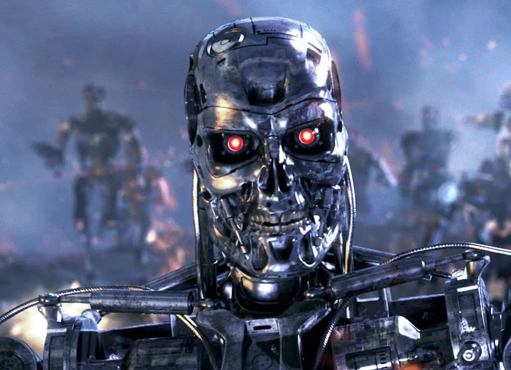 A menacing robotic T-800 endoskeleton with glowing red eyes stares directly ahead in a smoky battlefield.