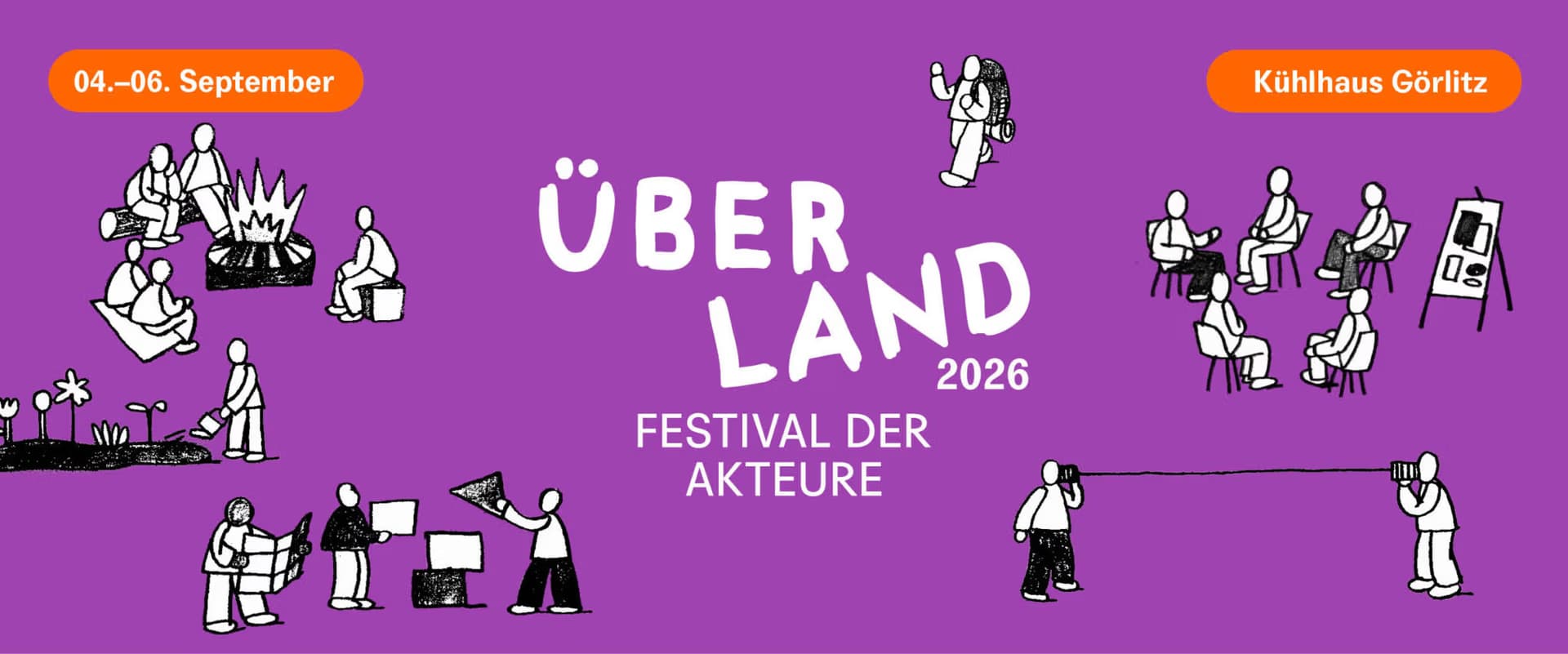 Purple festival poster featuring stick figure drawings and event details for Über Land 2026.
