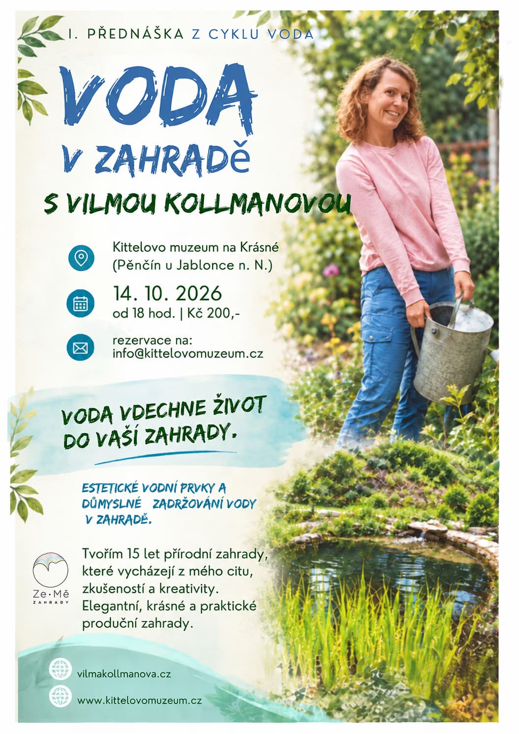 A woman holds a watering can in a garden next to a pond on this promotional event flyer.