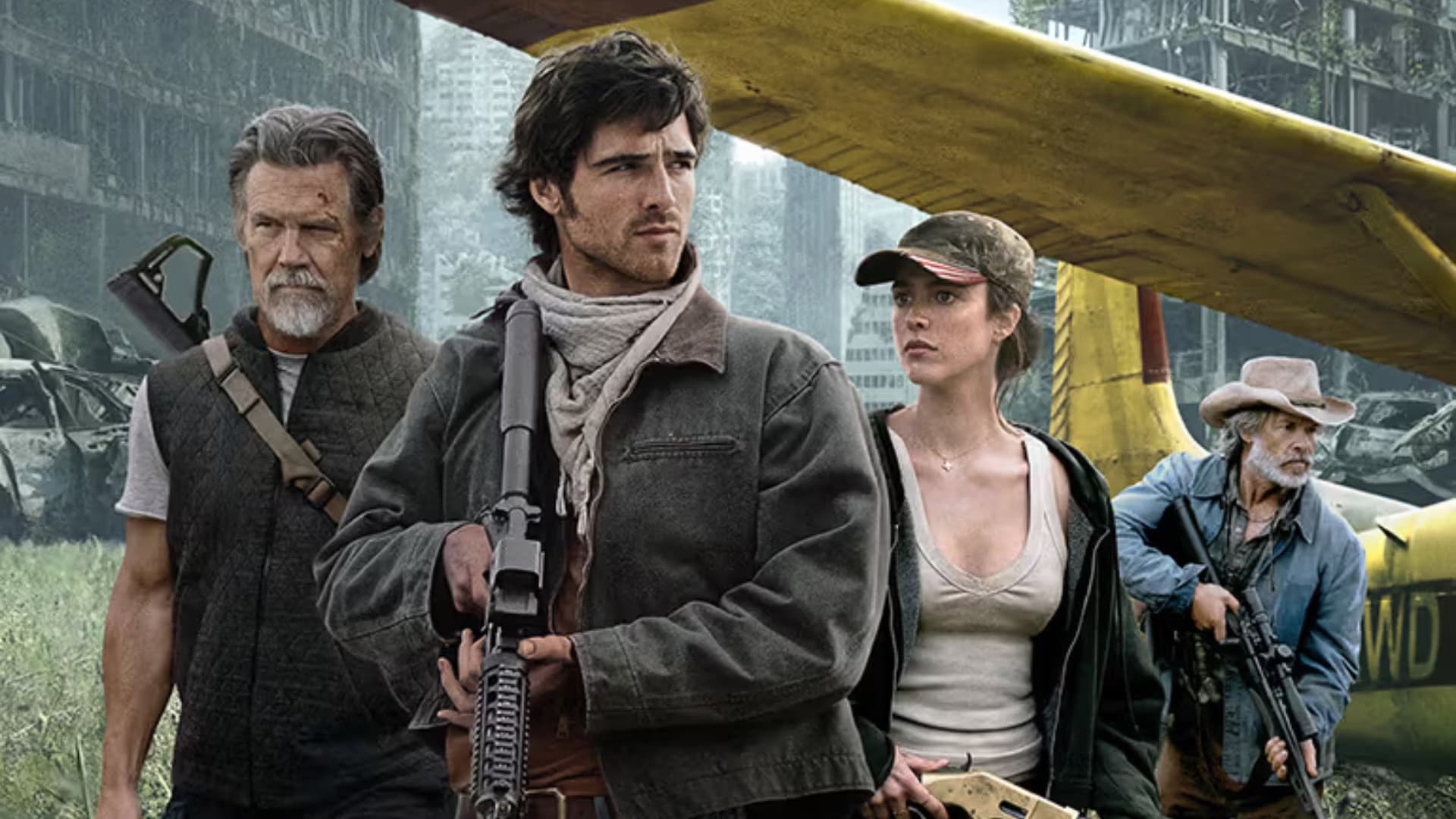 Four armed people stand before a small yellow plane in a desolate, post-apocalyptic landscape.