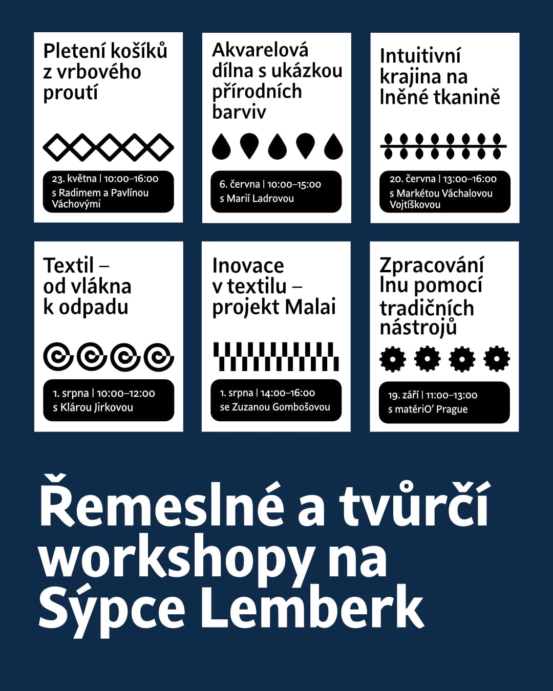 Graphic poster listing a schedule of craft workshops at Sýpce Lemberk on a dark blue background.