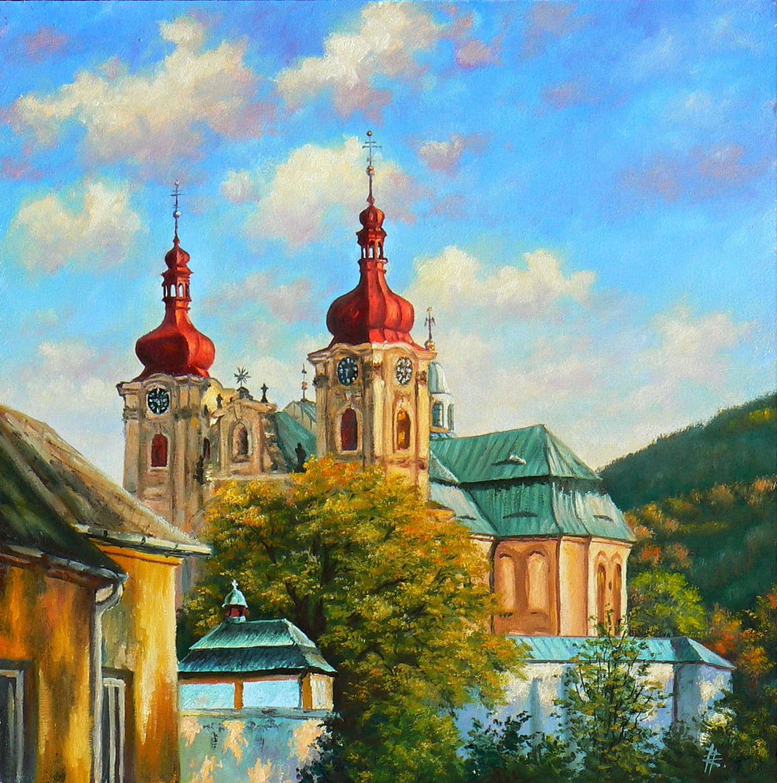 Oil painting of a church with two distinctive red onion domes under a bright blue sky.