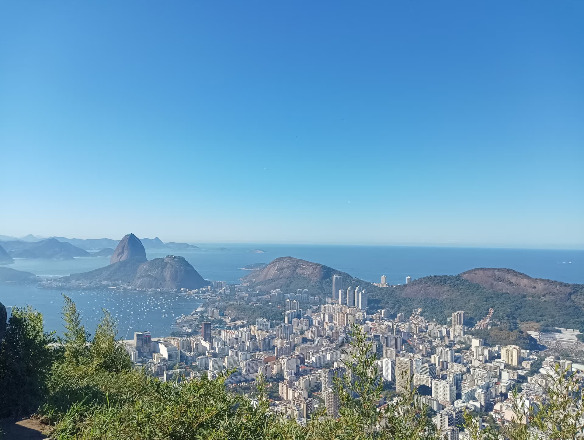 Panoramic view of Rio de Janeiro cityscape with Sugarloaf Mountain and the ocean under clear sky.