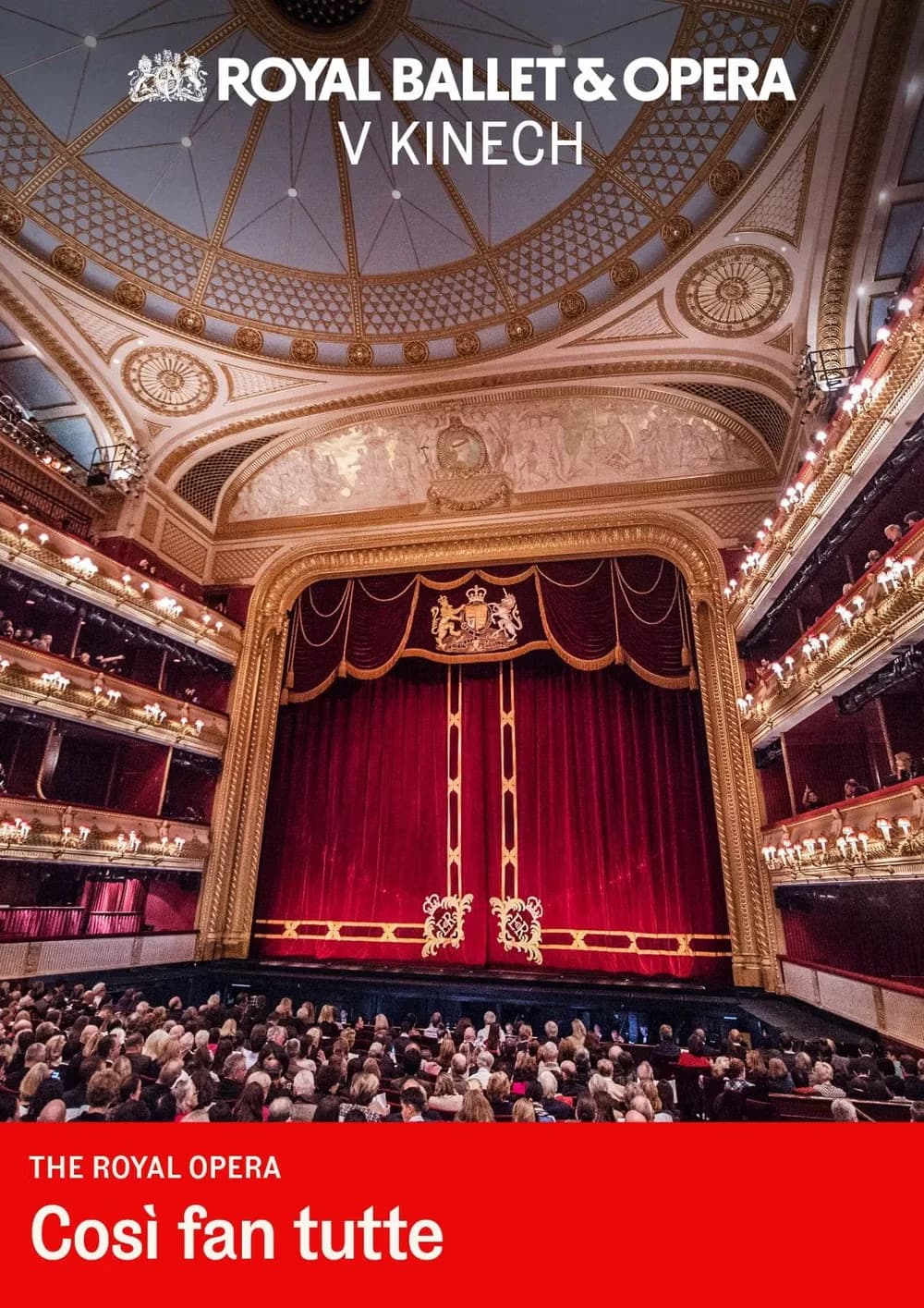 The ornate interior of the Royal Opera House with red curtains, showing event text overlays.