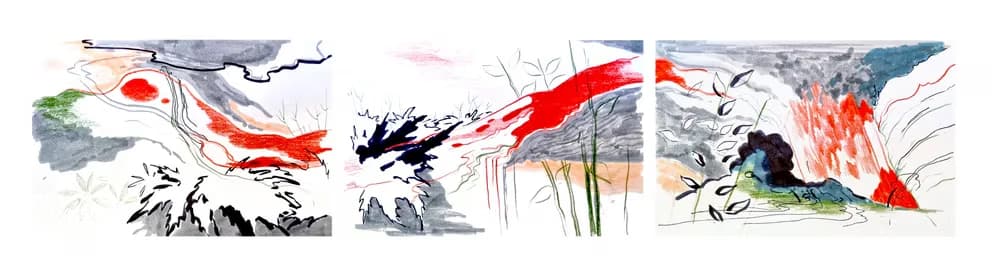 A triptych of abstract watercolor paintings showing flowing red, grey, and black ink brushstrokes.