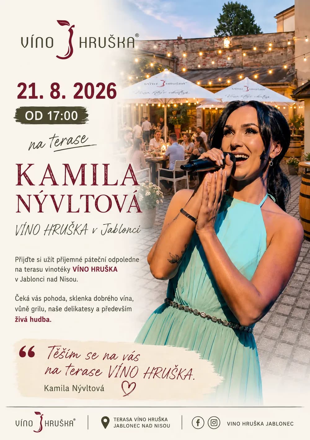 KAMILA NÝVLTOVÁ na terase VÍNO HRUŠKA v Jablonci